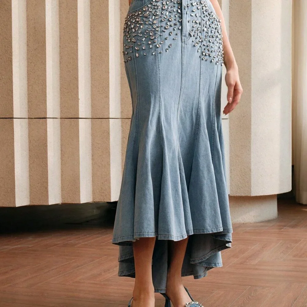 Blue Party Women's Rhinestone Embellished Luxurious Denim Skirt